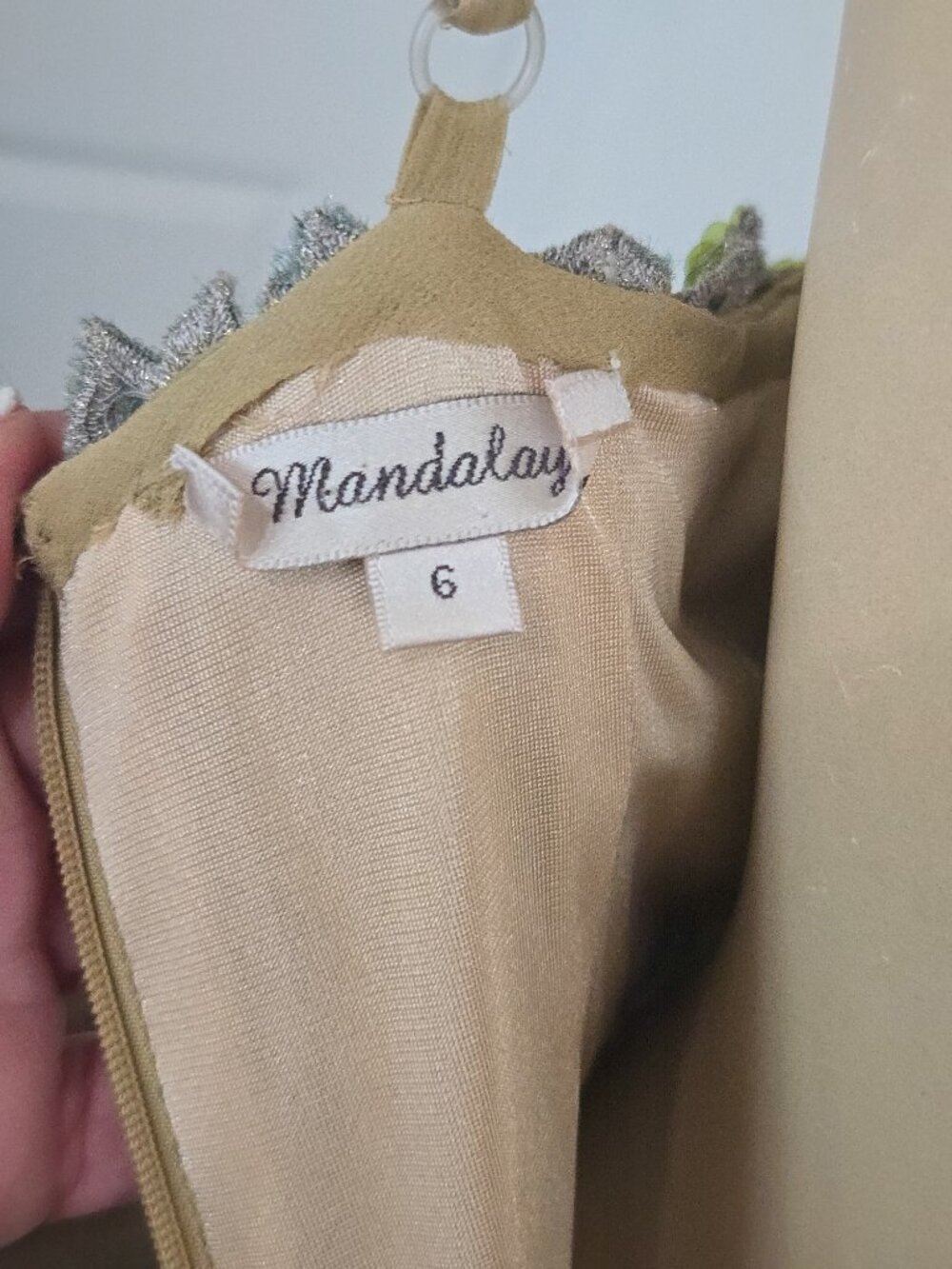 Y2K Vintage Mandalay Evening Gown Green Silk Beaded Sequin Plunging Low Cut 4 - Picture 9 of 14